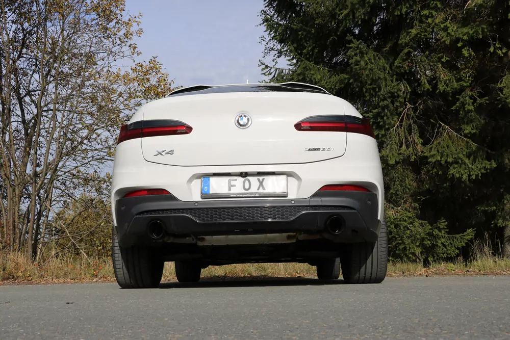 BMW X4 G02 - 30i Endschalldämpfer quer Ausgang rechts/links - 1x100 Typ 25 rechts/links SCHWARZ emalliert mit Abgasklappe und Vorschalldämpfer - Nicht verbaubar bei Modellen mit Panoramadach