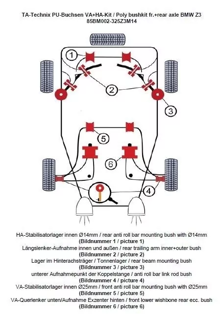 TA Technix PU-Buchsen Kit 32-teilig / Vorderachse+Hinterachse / Vorderachse mit Ø 25mm Stabi / M3 Exzenter / Hinterachse mit Ø 14mm Stabi / passend für BMW Z3 Roadster/Coupe Serie E36