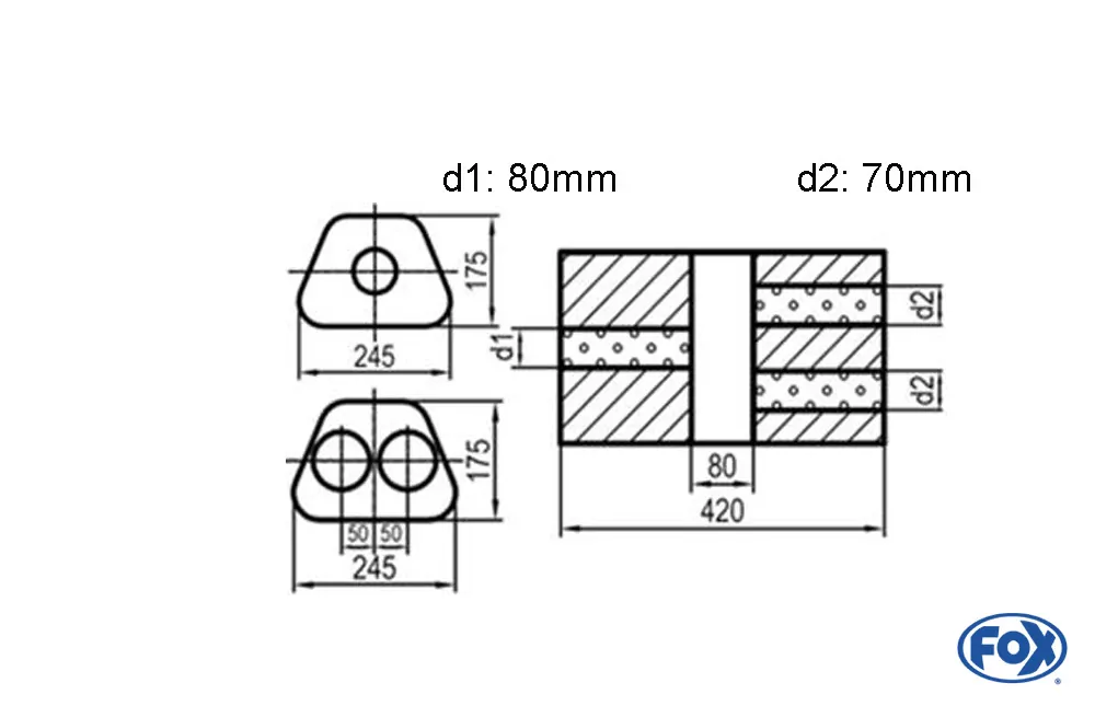 Uni-Schalldämpfer Trapezoid zweiflutig mit Kammer - Abw. 711  245x175mm, d1Ø 80mm  d2Ø 70mm, Länge: 420mm - Variante 2