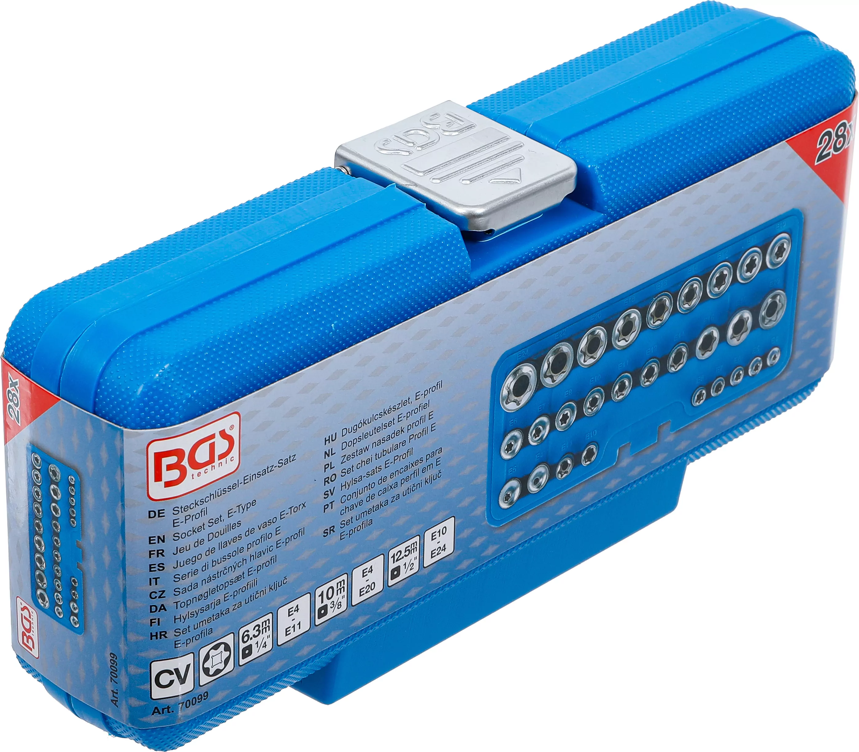 Steckschlüssel-Einsatz-Satz, E-Profil | Antrieb Innenvierkant 6,3 mm (1/4") / 12,5 mm (1/2") | SW E4 - E24 | 28-tlg.