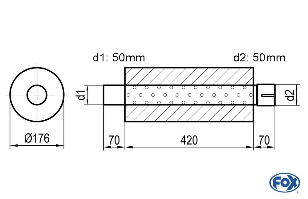 Uni-Schalldämpfer rund mit Stutzen - Abwicklung 556  Ø 176mm, d1Ø 45mm  d2Ø 45,5mm, Länge: 420mm