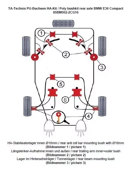 TA Technix PU-Buchsen Kit 20-teilig / Hinterachse mit Ø 16mm Stabi / passend für BMW 3er Serie E36 Compact / Z3 Roadster/Coupe