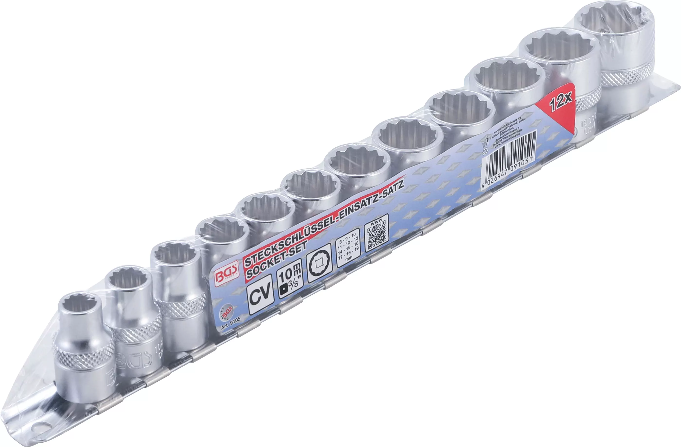 Steckschlüssel-Einsatz-Satz, Zwölfkant | Antrieb Innenvierkant 10 mm (3/8") | SW 8 - 19 mm | 12-tlg.