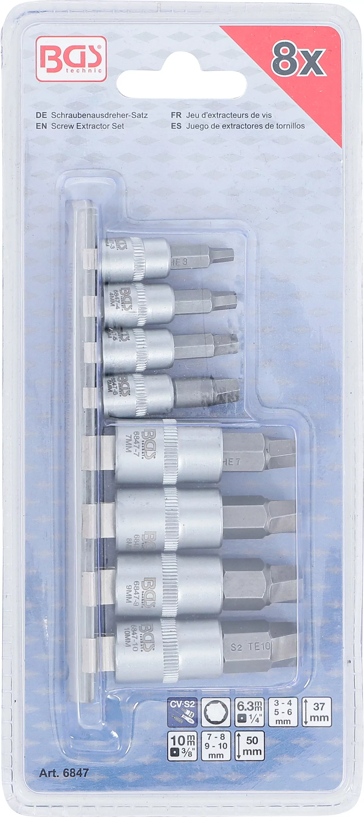 Schraubenausdreher-Satz | Antrieb Innenvierkant 6,3 mm (1/4") / 10 mm (3/8") | für defekten Innensechskant 3 - 10 mm | 8-tlg.