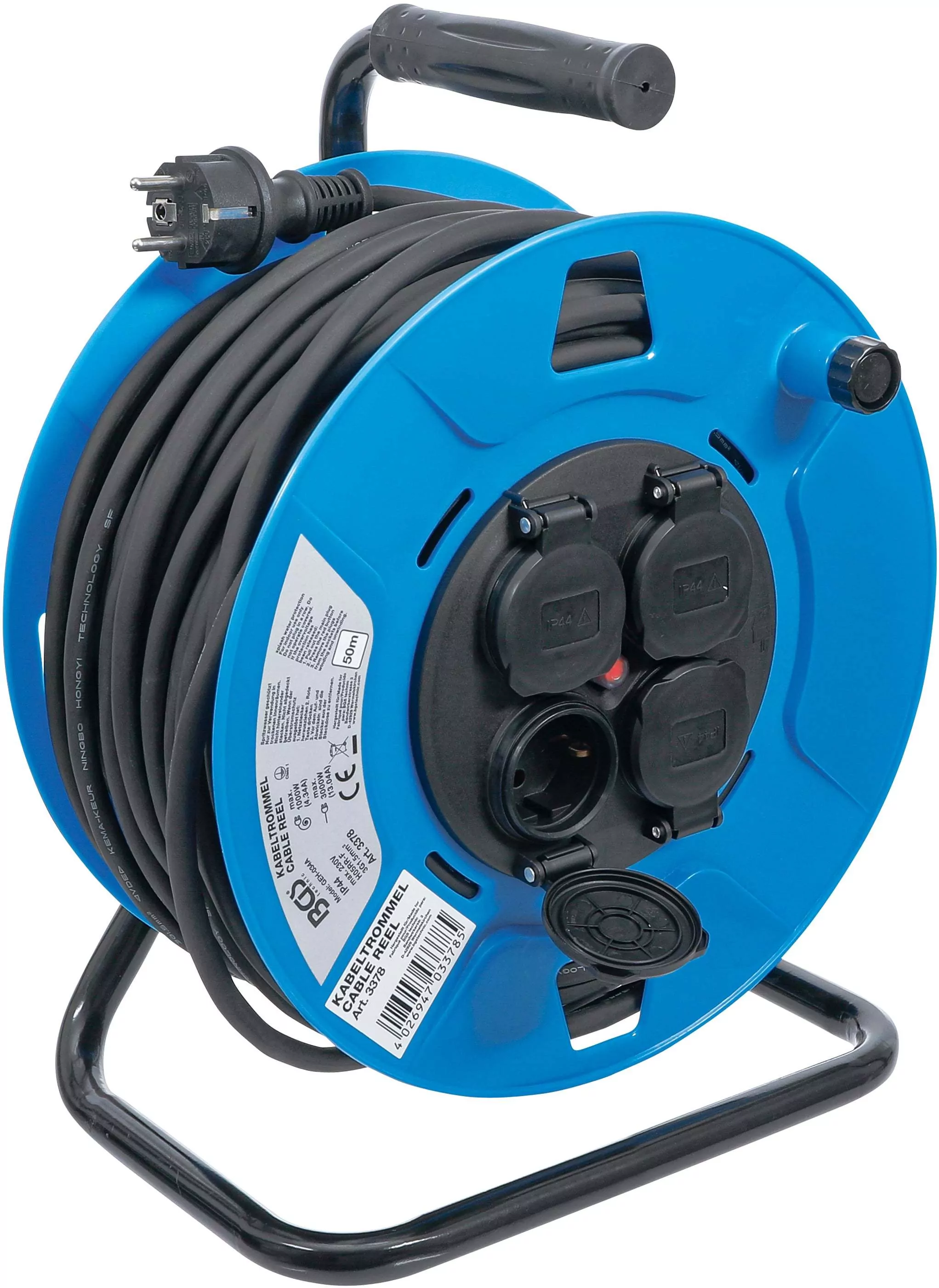 Kabeltrommel | 50 m | 3 x 1,5 mm² | 4 Steckdosen mit Verschlusskappe | IP 44 | 3500 W