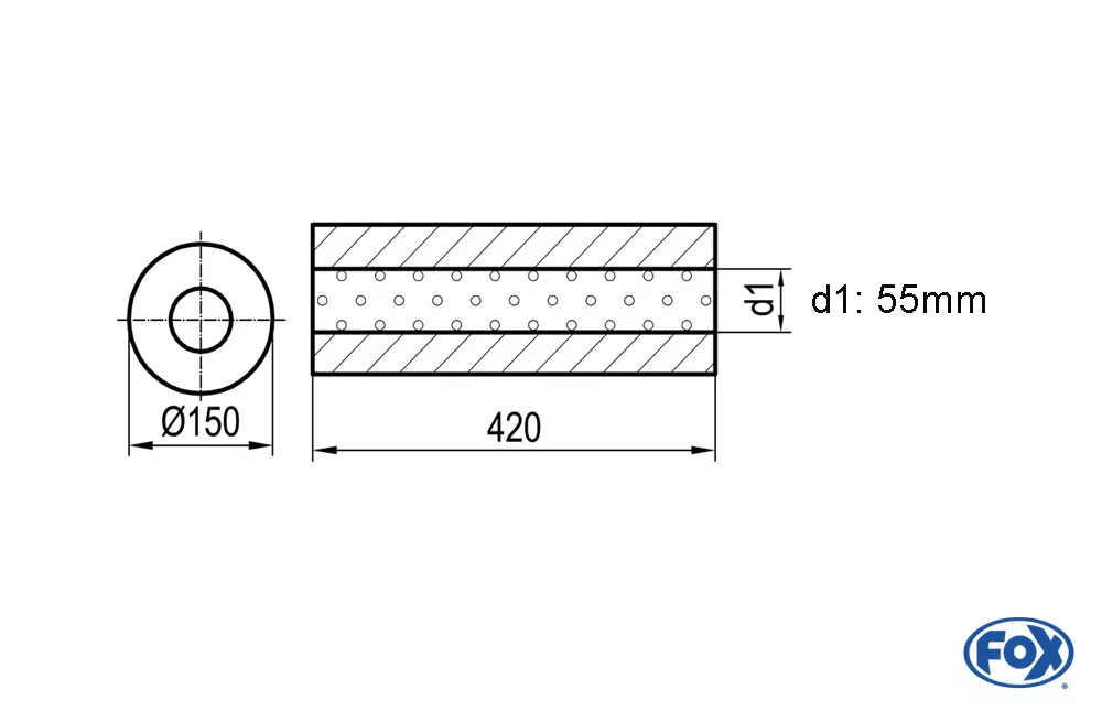Uni-Schalldämpfer rund ohne Stutzen - Abwicklung 466  Ø 150mm, d1Ø 55mm -, Länge: 420mm