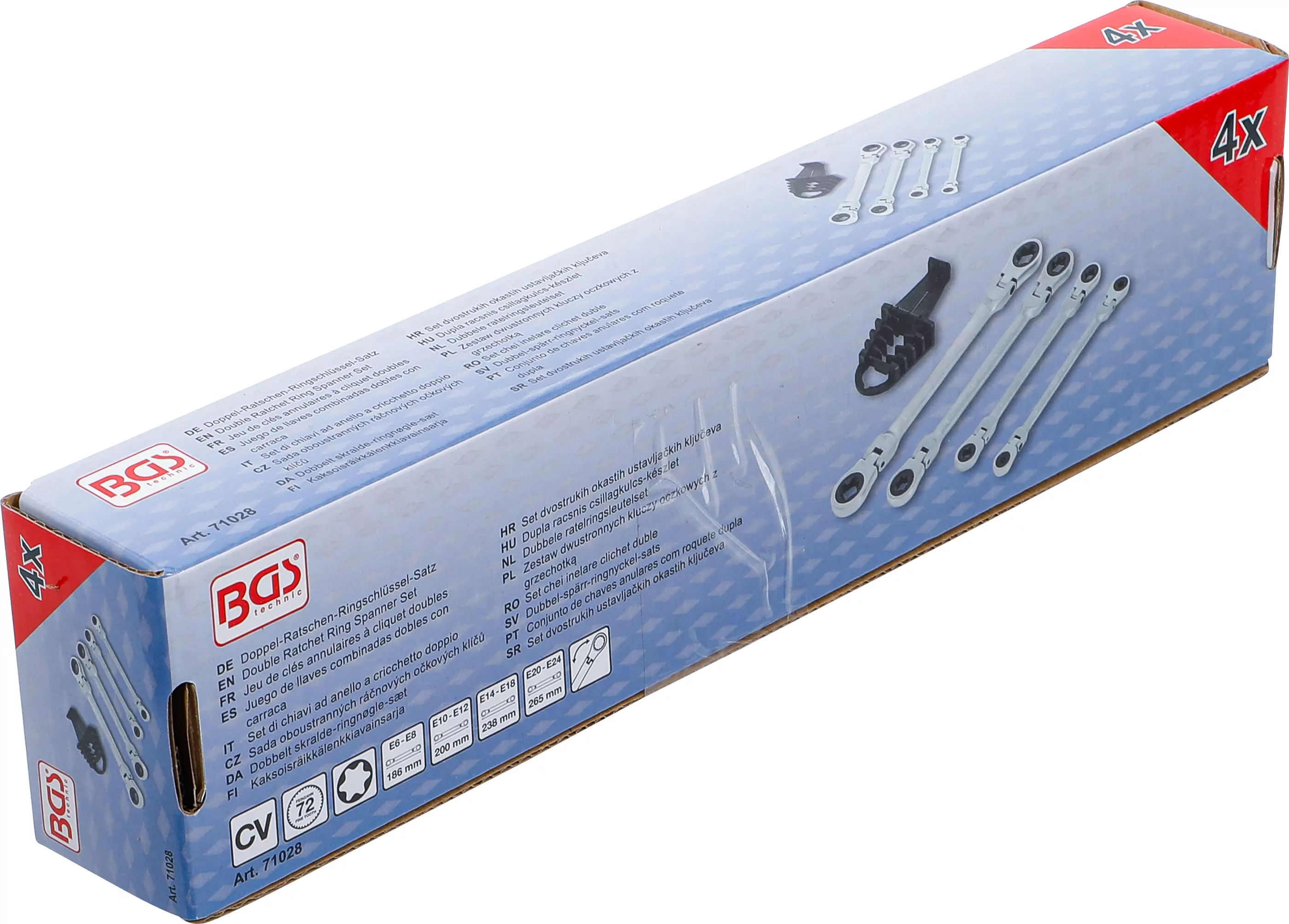 Doppel-Ratschen-Ringschlüssel-Satz | abwinkelbar | mit E-Profil Ringköpfen | SW E6 - E24 | 4-tlg.