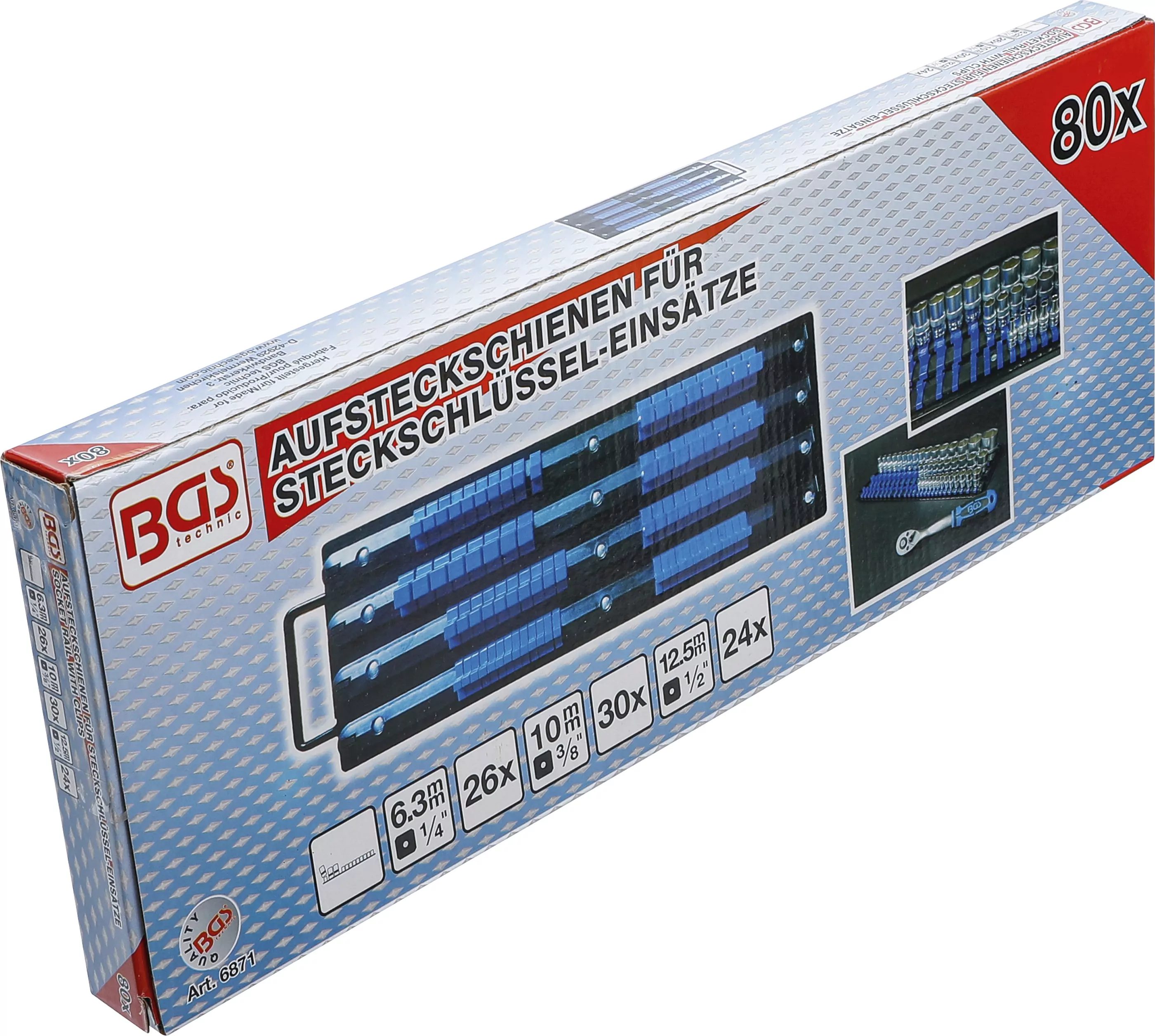 Aufsteckschienen-Set für Steckschlüssel-Einsätze | mit 80 Clips | für Einsätze 6,3 mm (1/4"), 10 mm (3/8"), 12,5 mm (1/2")