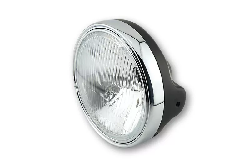 SHIN YO 7 Zoll Scheinwerfereinsatz LTD Schwarz Glänzend/Chrom, Seitliche Befestigung, Geprägtes Glas,