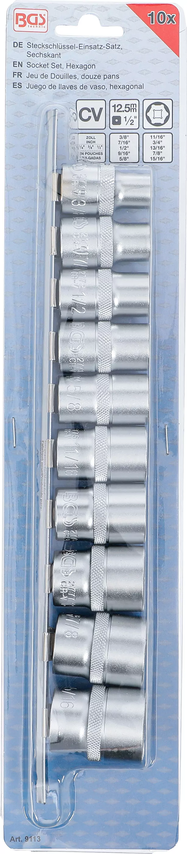 Steckschlüssel-Einsatz-Satz, Sechskant | Antrieb Innenvierkant 12,5 mm (1/2") | Zollgrößen | 10-tlg.