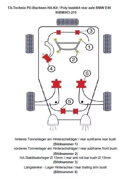 TA Technix PU-Buchsen Kit 20-teilig / Hinterachse mit Ø 15mm Stabi / passend für BMW 3er Serie E46 / E46 Compact