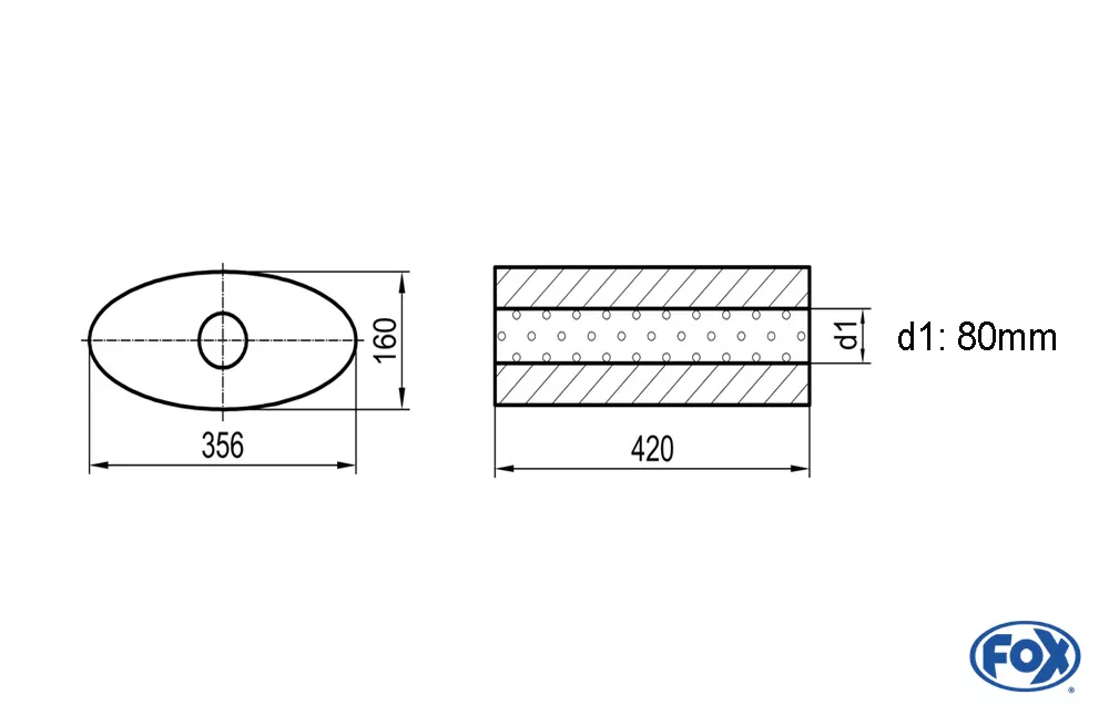 Uni-Schalldämpfer oval ohne Stutzen - Abwicklung 818  356x160mm, d1Ø 80mm, Länge: 420mm
