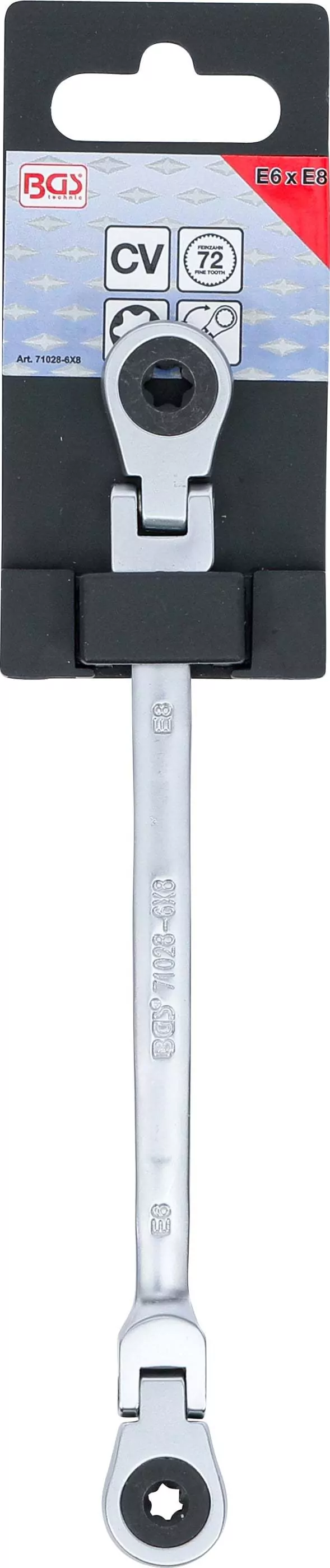 Doppel-Ratschen-Ringschlüssel | abwinkelbar | mit E-Profil Ringköpfen | SW E6 x E8