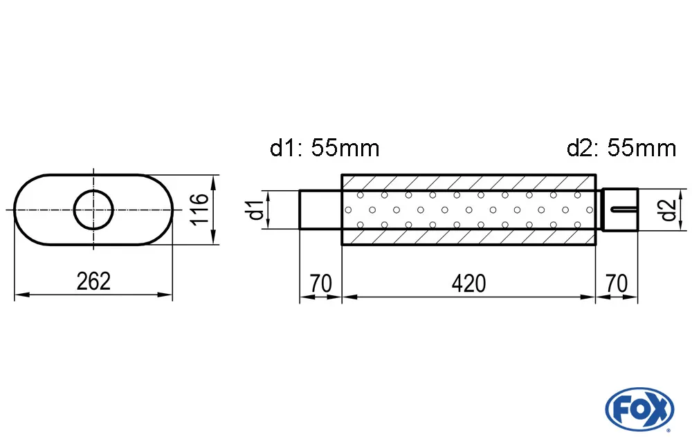 Uni-Schalldämpfer oval mit Stutzen - Abwicklung 650 262x116mm, d1Ø 55mm  d2Ø 55,5mm, Länge: 420mm Kopie
