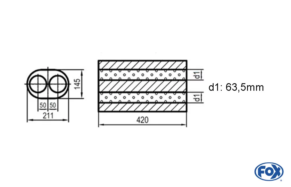 Uni-Schalldämpfer oval zweiflutig - Abwicklung 585  211x145mm, d1Ø 63,5mm, Länge: 420mm