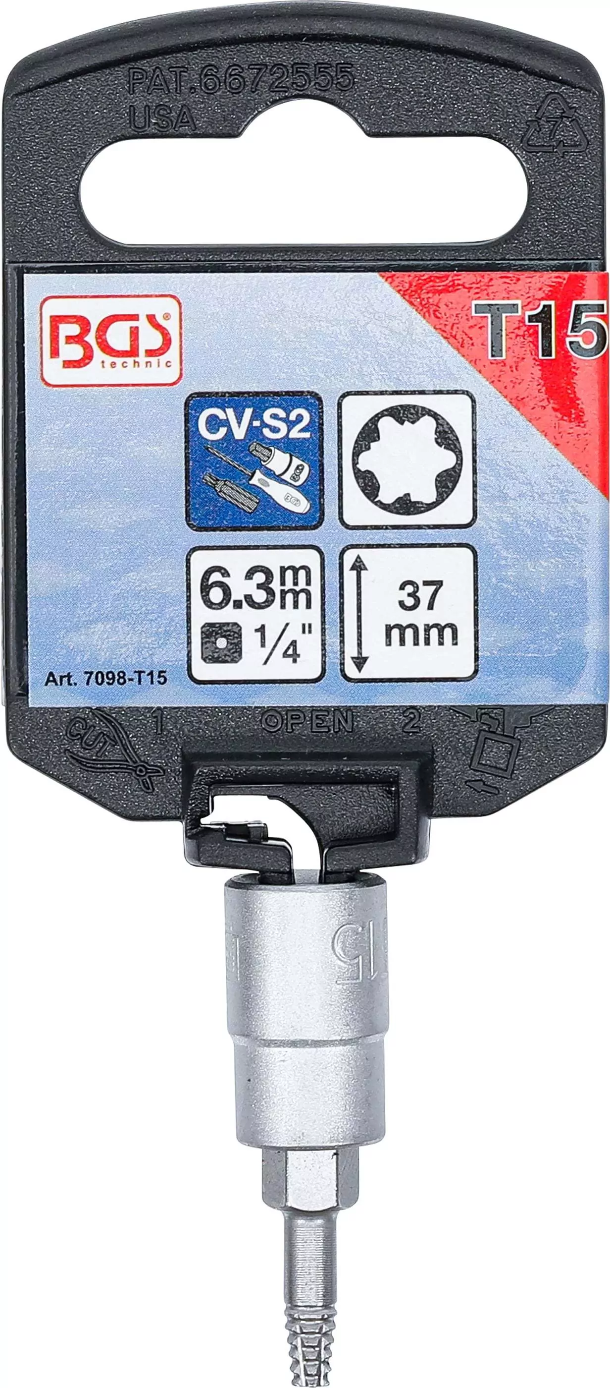 Schraubenausdreher-Bit-Einsatz | Antrieb Innenvierkant 6,3 mm (1/4") | für defektes T-Profil (für Torx) T15