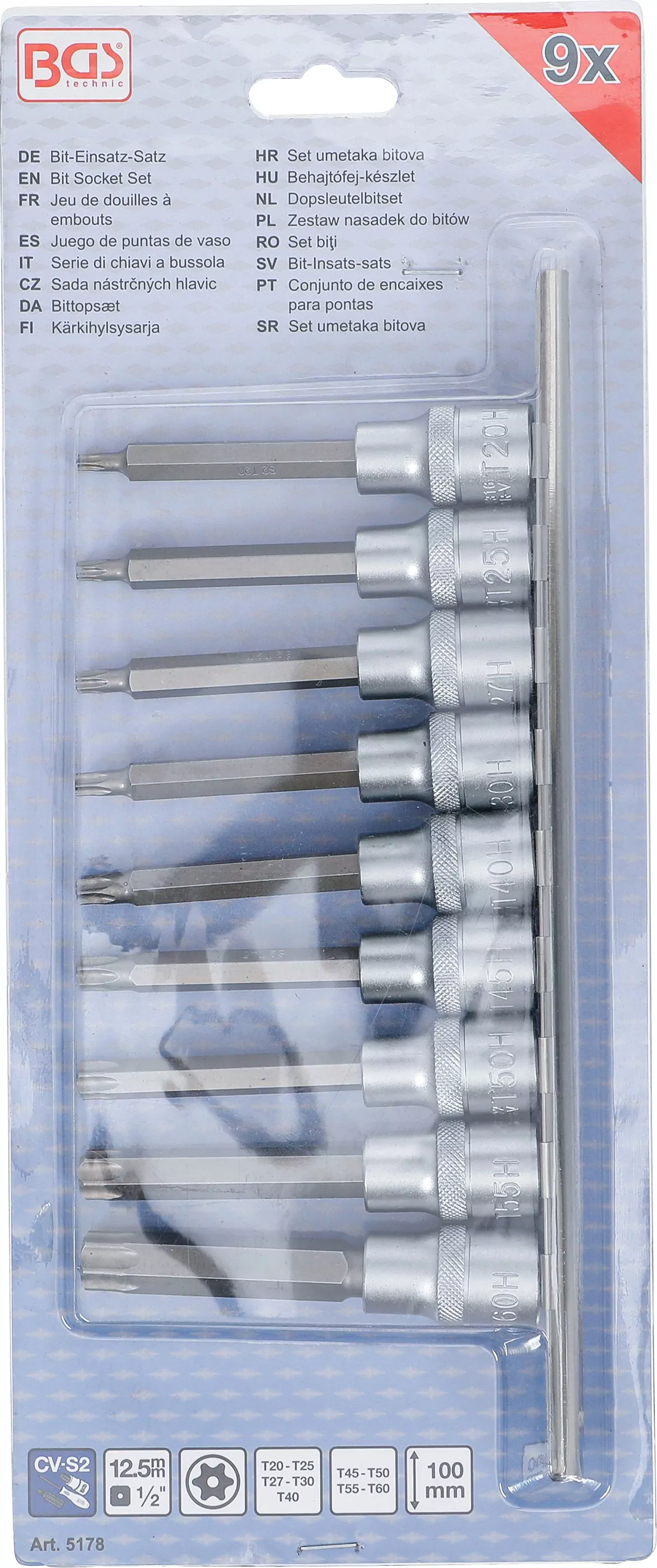 Bit-Einsatz-Satz | Antrieb Innenvierkant 12,5 mm (1/2") | T-Profil (für Torx) mit Bohrung | 9-tlg.