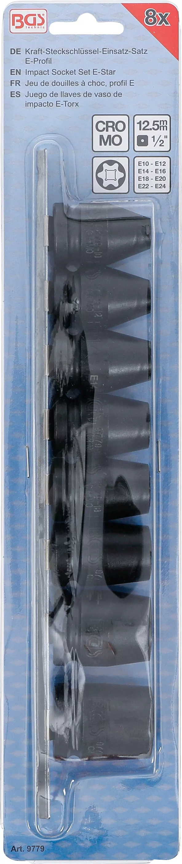 Kraft-Steckschlüssel-Einsatz-Satz E-Profil | Antrieb Innenvierkant 12,5 mm (1/2") | SW E10 - E24 | 8-tlg.