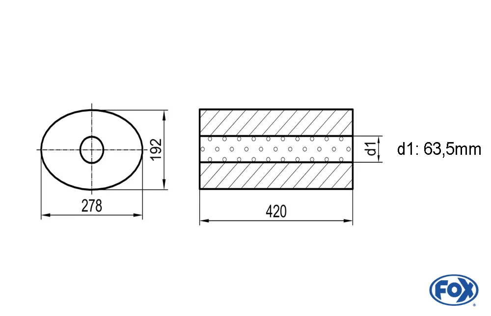 Uni-Schalldämpfer oval ohne Stutzen - Abwicklung 754  278x192mm, d1Ø 63,5mm, Länge: 420mm