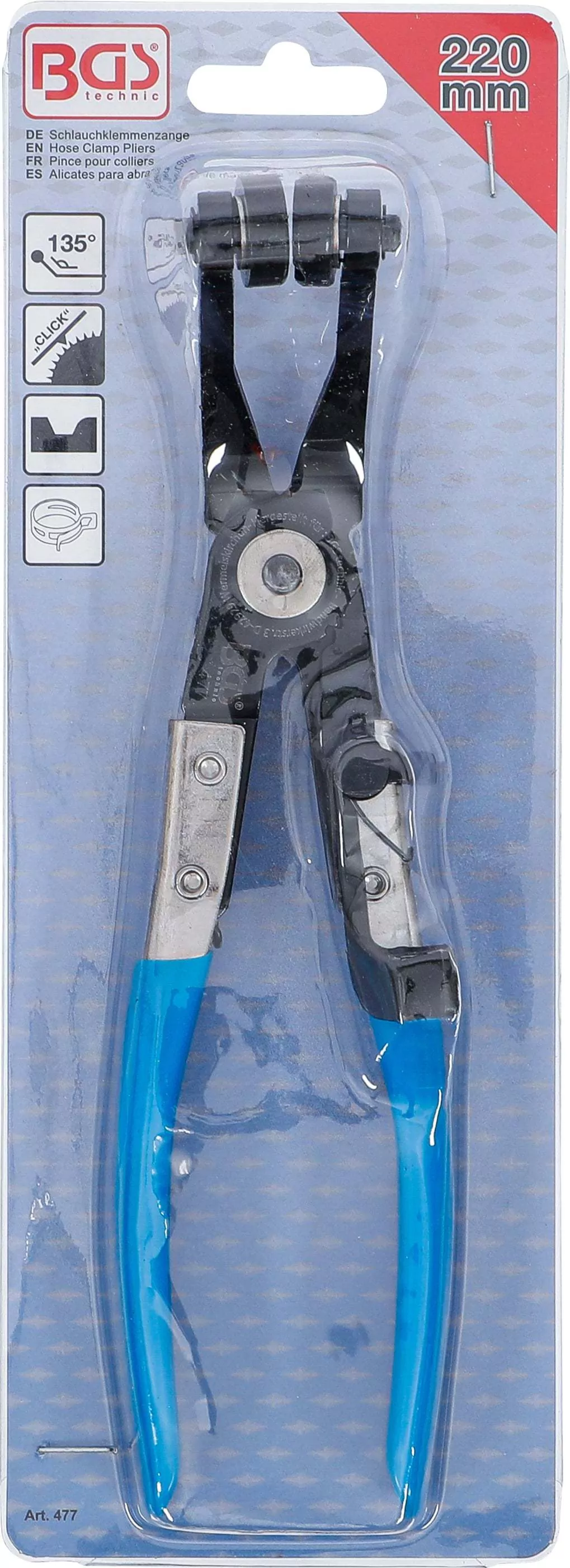 Schlauchklemmenzange | abgewinkelt | mit Ratschenfunktion | 220 mm