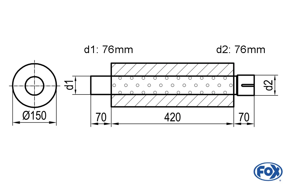 Uni-Schalldämpfer rund mit Stutzen - Abwicklung 466  Ø 150mm, d1Ø 76mm außen - d2Ø 76,5mm innen - Länge: 420mm