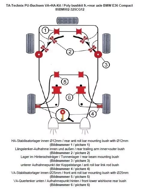 TA Technix PU-Buchsen Kit 32-teilig / Vorderachse+Hinterachse / Vorderachse mit Ø 25mm Stabi / Hinterachse mit Ø 12mm Stabi / passend für BMW 3er Serie E36 Compact