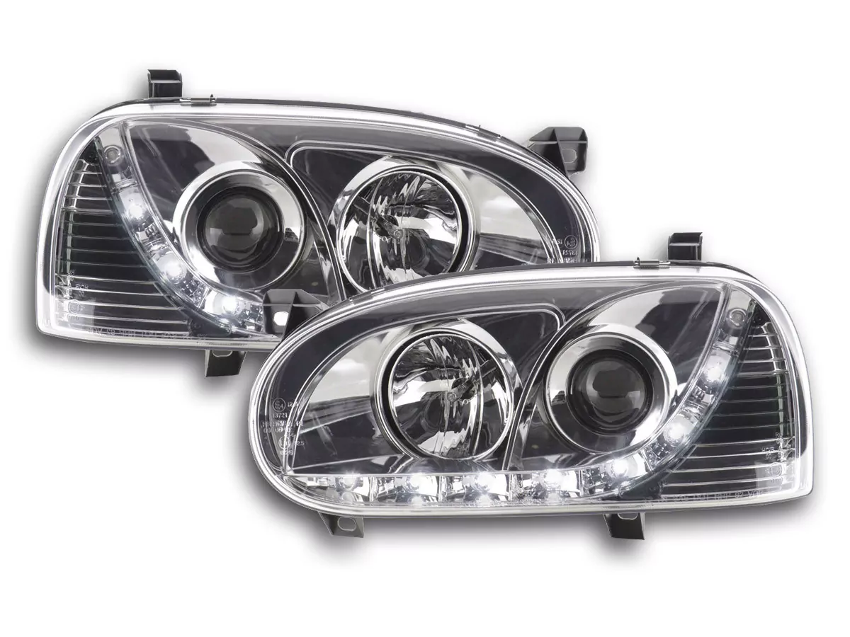 Scheinwerfer Set Daylight LED TFL-Optik VW Golf 3 Typ 1HXO 1EXO Bj. 91-97 chrom