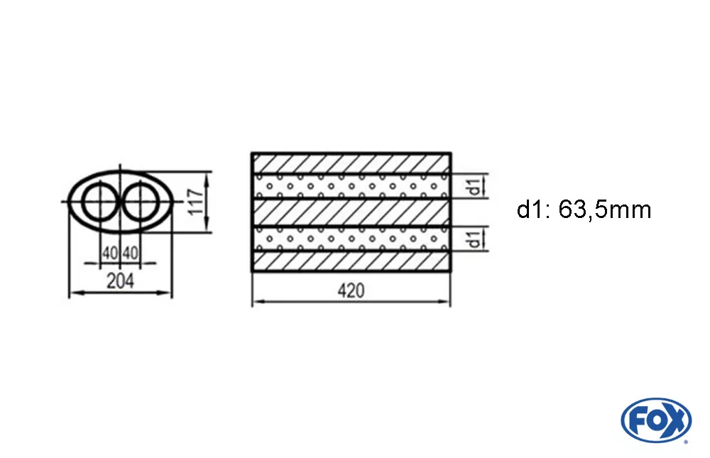 Uni-Schalldämpfer oval zweiflutig - Abwicklung 525  204x117mm, d1Ø 63,5mm, Länge: 420mm