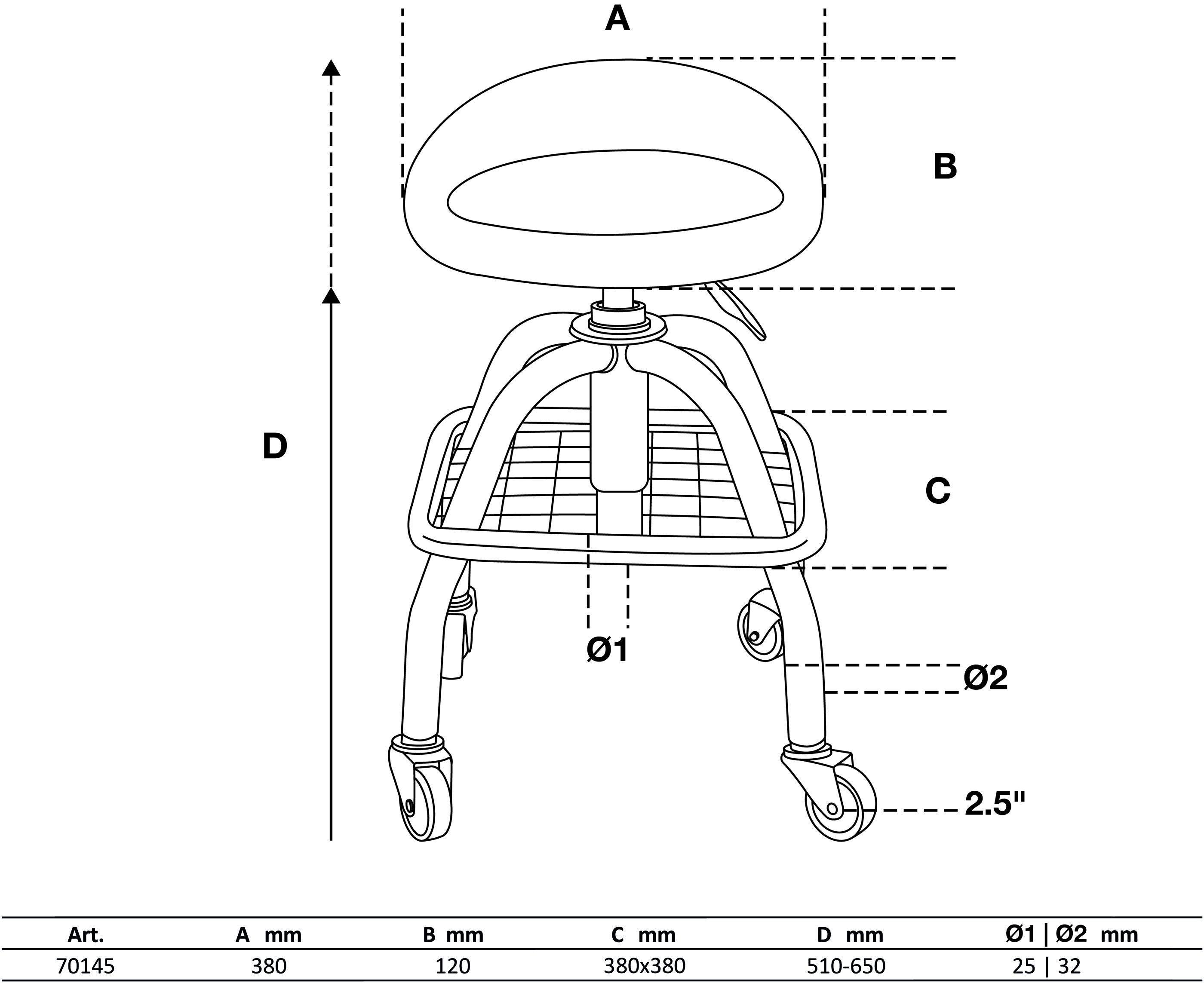 Werkstattstuhl | mit 4 Rollen | höhenverstellbar | 540 - 680 mm