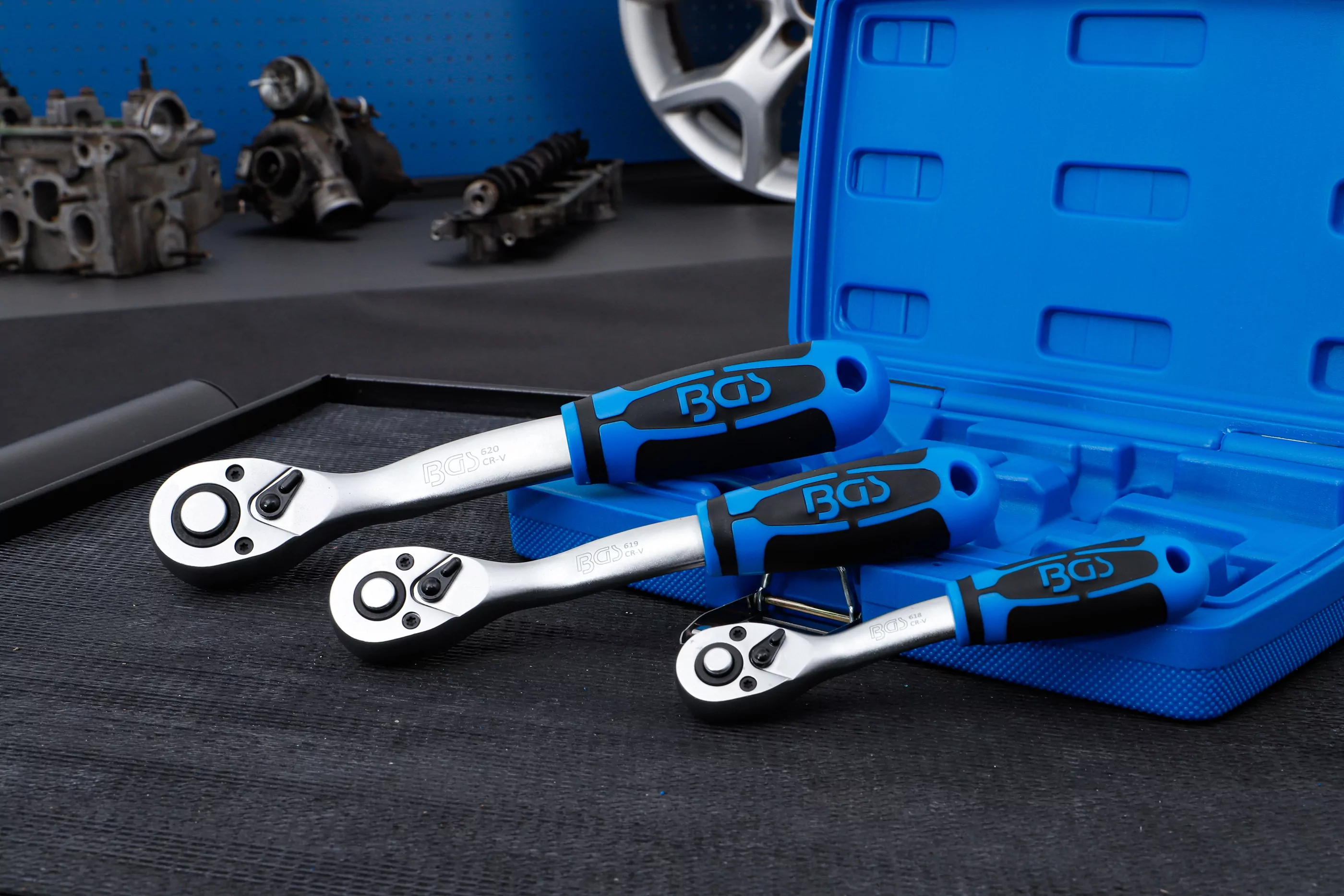 Umschaltknarren-Satz | feinverzahnt | Abtrieb Außenvierkant 6,3 mm (1/4") - 10 mm (3/8") - 12,5 mm (1/2") | 3-tlg.