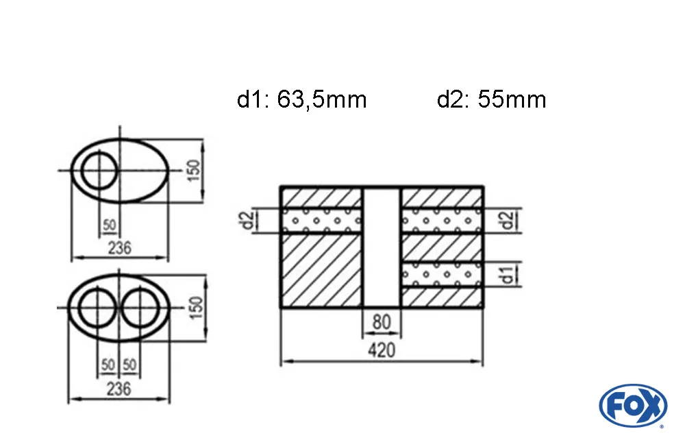 Uni-Schalldämpfer oval zweiflutig mit Kammer -Abwicklung 618  236x150mm, d1Ø 63,5mm  d2Ø 55mm, Länge: 420mm - Variante 1