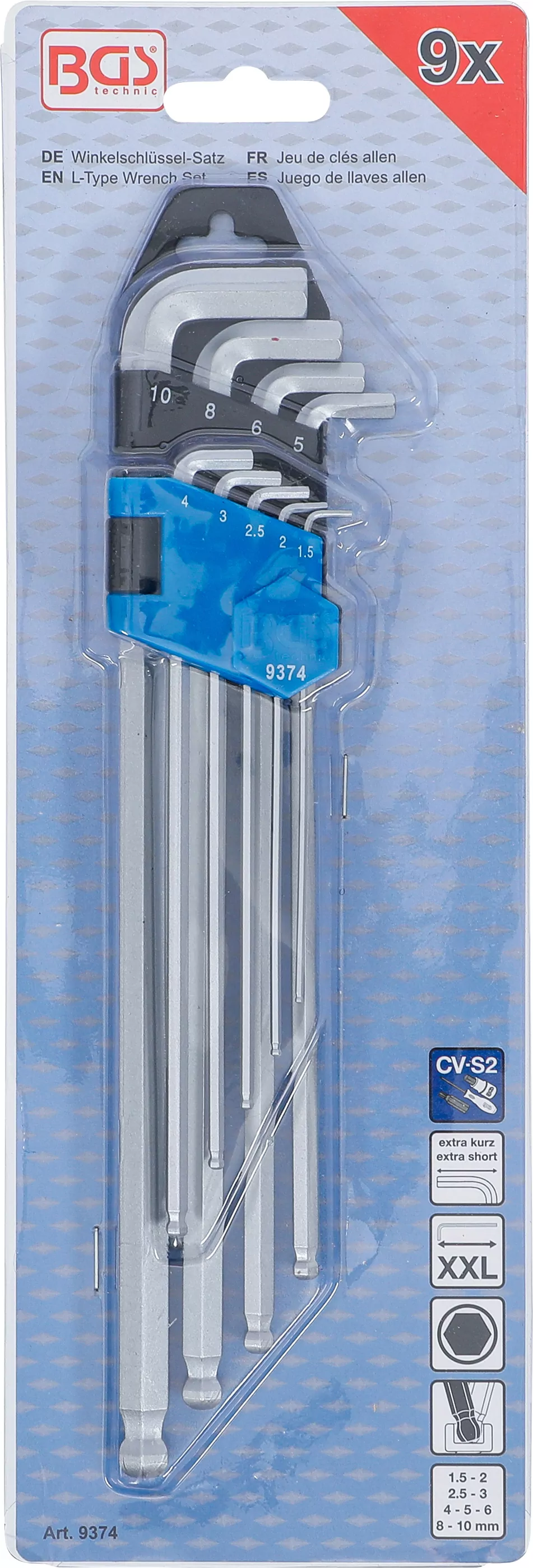 Winkelschlüssel-Satz | extra lang + extra kurz | Innensechskant / Innensechskant mit Kugelkopf 1,5 - 10 mm | 9-tlg.