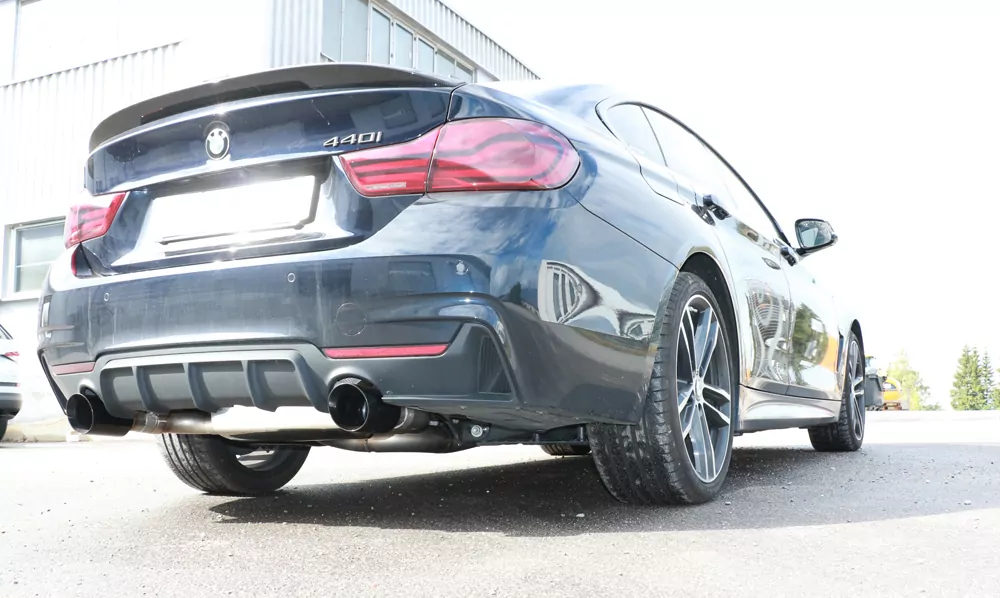 BMW F36 - 440i xDrive Grand Coupe - M-Paket  Endschalldämpfer quer Ausgang rechts/links - 1x100 Typ 25 rechts/links schwarz emalliert - mit Abgasklappe im linken Endrohr