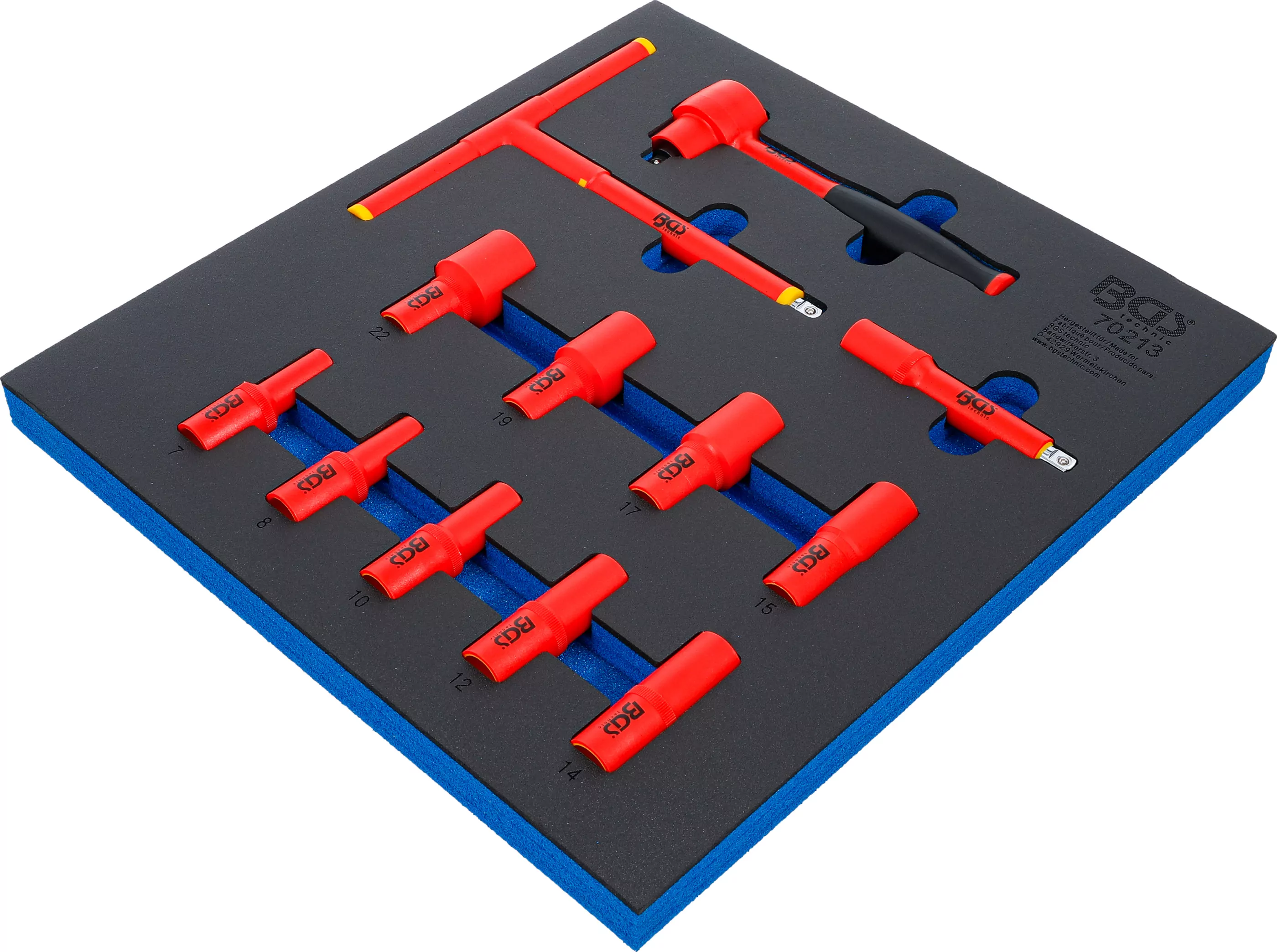 Werkstattwageneinlage 2/3: VDE-Steckschlüssel-Satz | Antrieb Innenvierkant 10 mm (3/8") | SW 7 - 22 mm | 12-tlg.