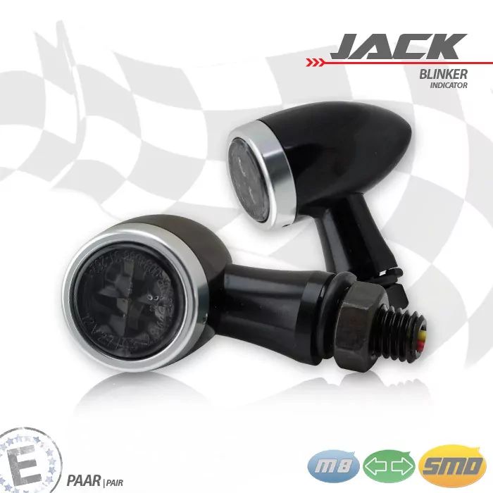 Smd-blinkerset Jack | Schwarz | Zierring Silber | M8 | Alu | Getönt | Ø 22 X T 37 Mm | E-geprüft