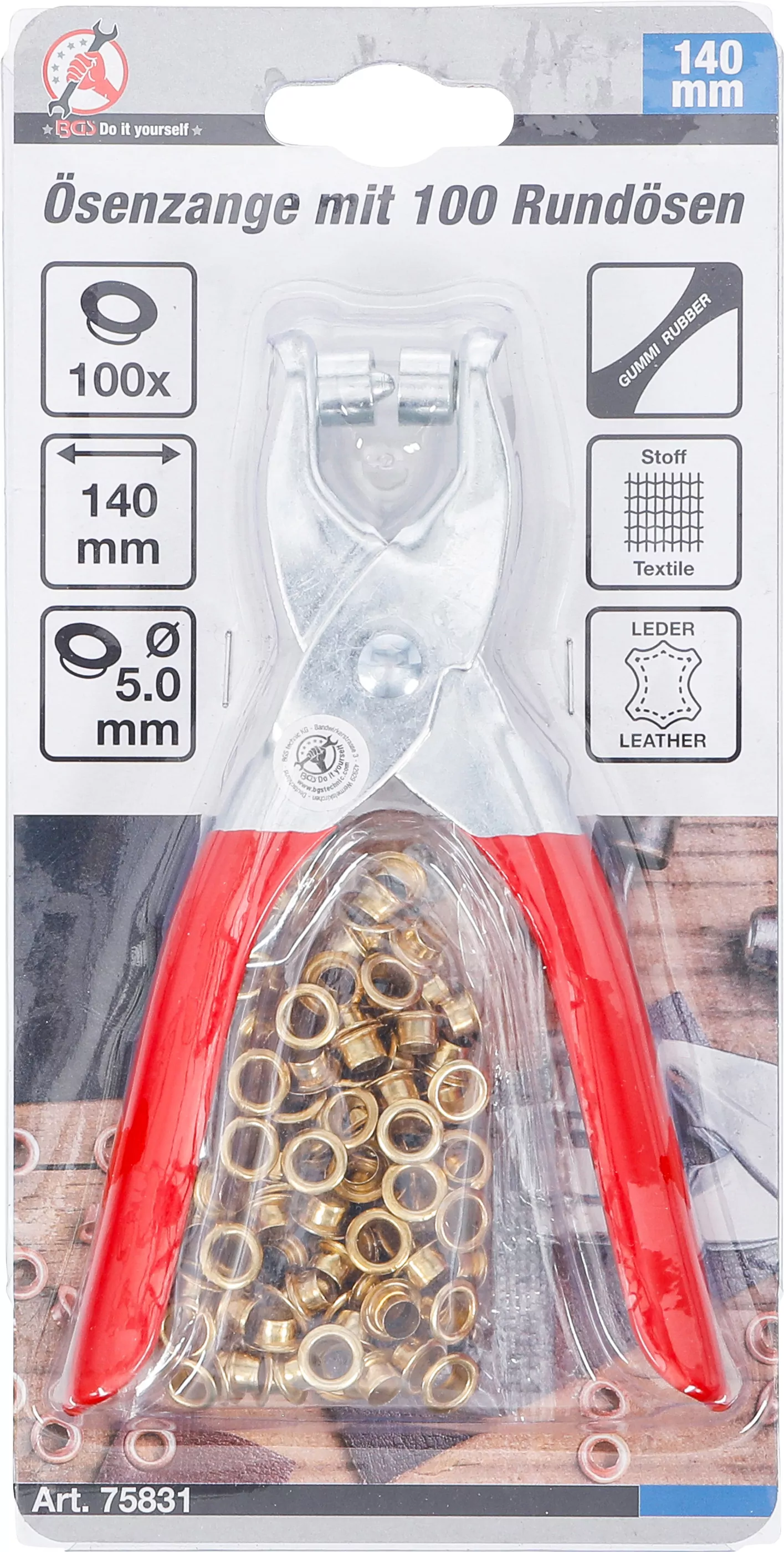 Ösenzange mit 100 Rundösen | 5,0 mm