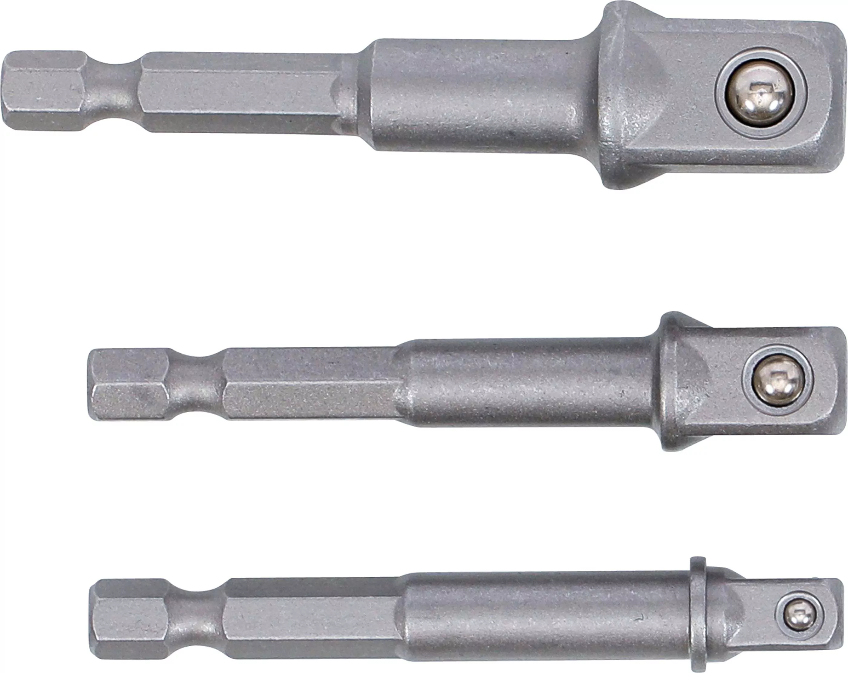 Adapter-Satz für Bohrmaschinen | Antrieb Außensechskant 6,3 mm (1/4") | Abtrieb Außenvierkant 6,3 mm (1/4") / 10 mm (3/8") / 12,5 mm (1/2") | 3-tlg.