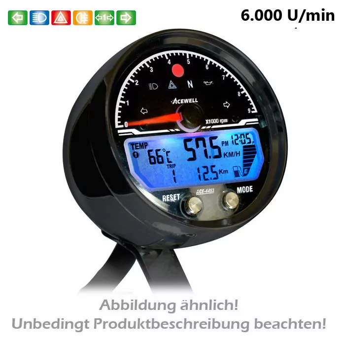 Multifunktionelles Digitalinstrument | alu-schwarz Tachom. DZM 6000 RPM sowie Uhr & Tankanzeige