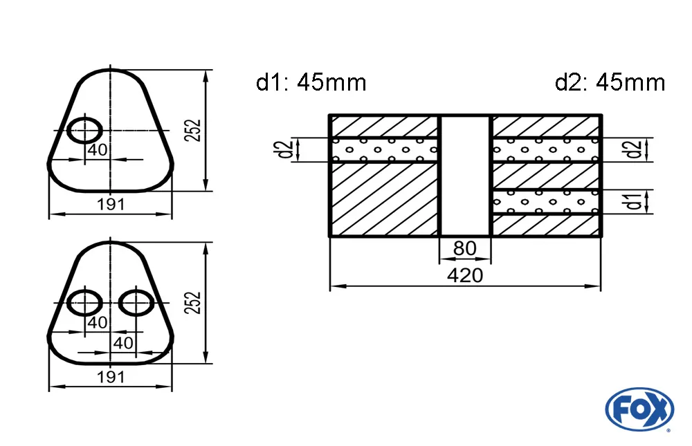 Uni-Schalldämpfer Dreieckig mit Kammer - Abwicklung 725  Variante 1  191x252mm, d1Ø 45mm außen / d2Ø 2x45mm außen - Länge: 420mm