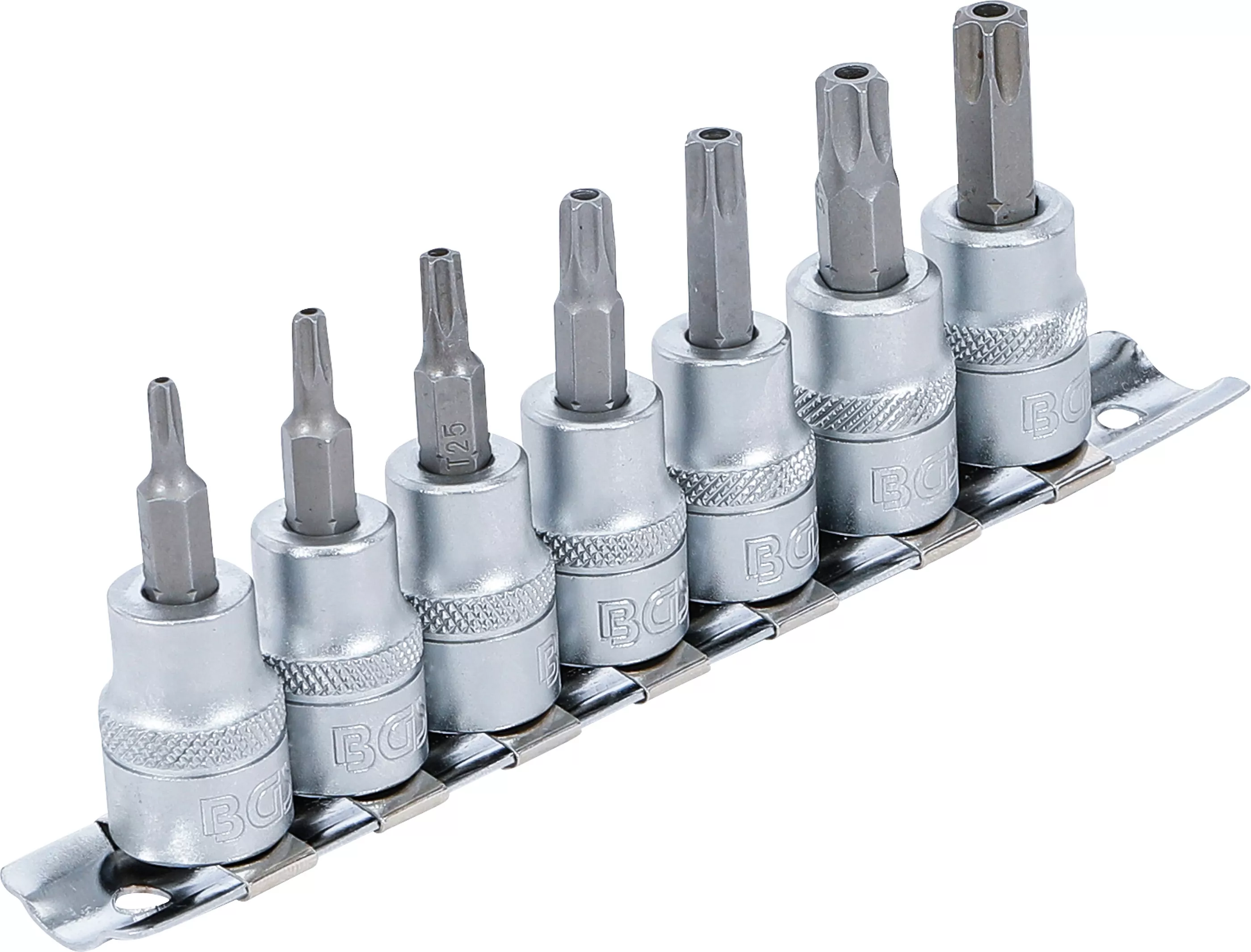 Bit-Einsatz-Satz | Antrieb Innenvierkant 10 mm (3/8") | T-Profil (für Torx) mit Bohrung T15 - T50 | 7-tlg.