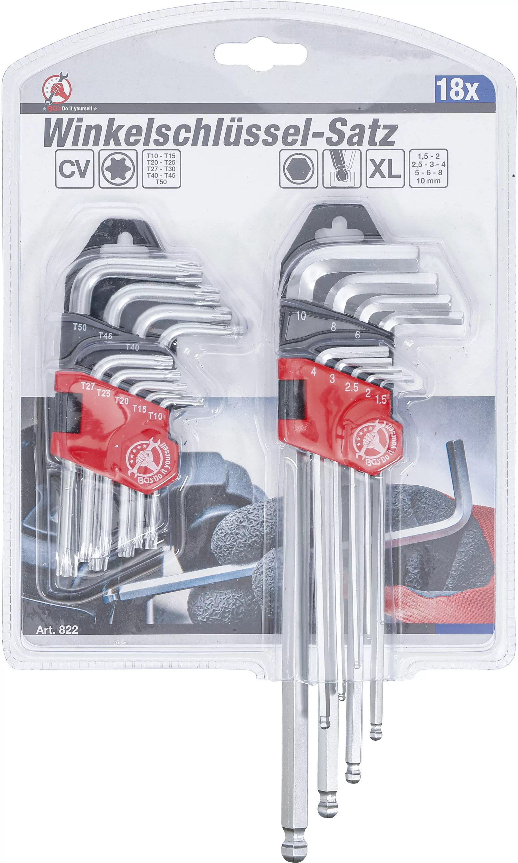 Winkelschlüssel-Satz | lang | T-Profil (für Torx) T10 - T50 / Innensechskant 1,5 - 10 mm | 18-tlg.