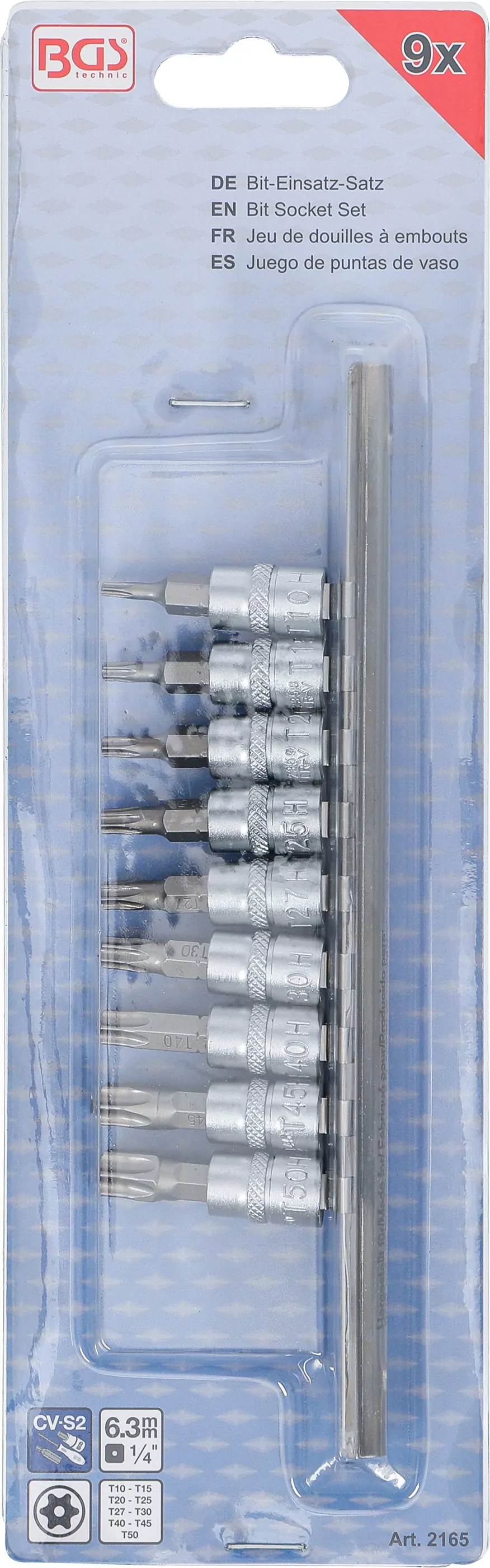 Bit-Einsatz-Satz | Antrieb Innenvierkant 6,3 mm (1/4") | T-Profil (für Torx) mit Bohrung T10 - T50 | 9-tlg.