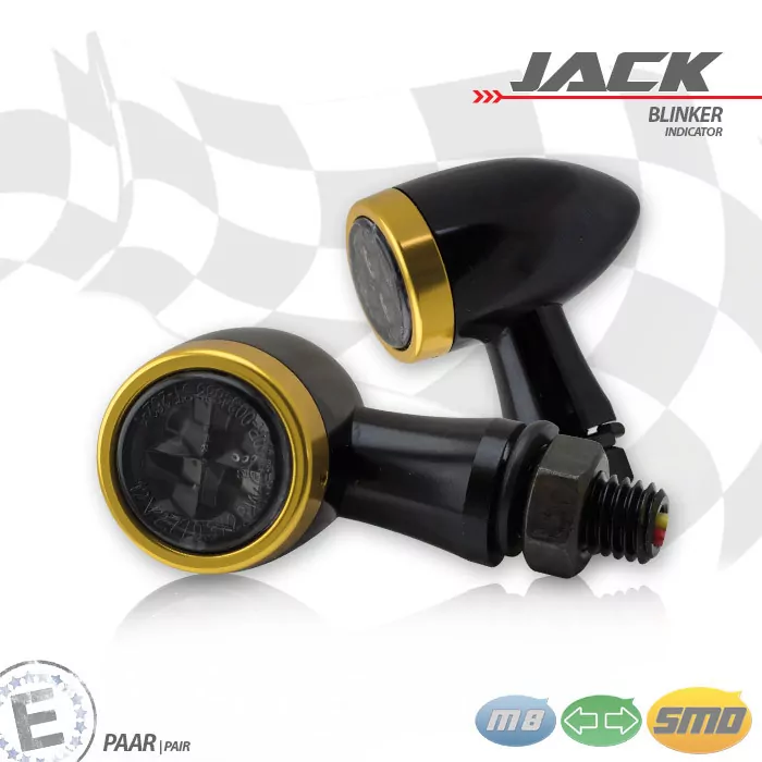 Smd-blinkerset Jack | Schwarz | Zierring Gold | M8 | Alu | Getönt | Ø 22 X T 37 Mm | E-geprüft