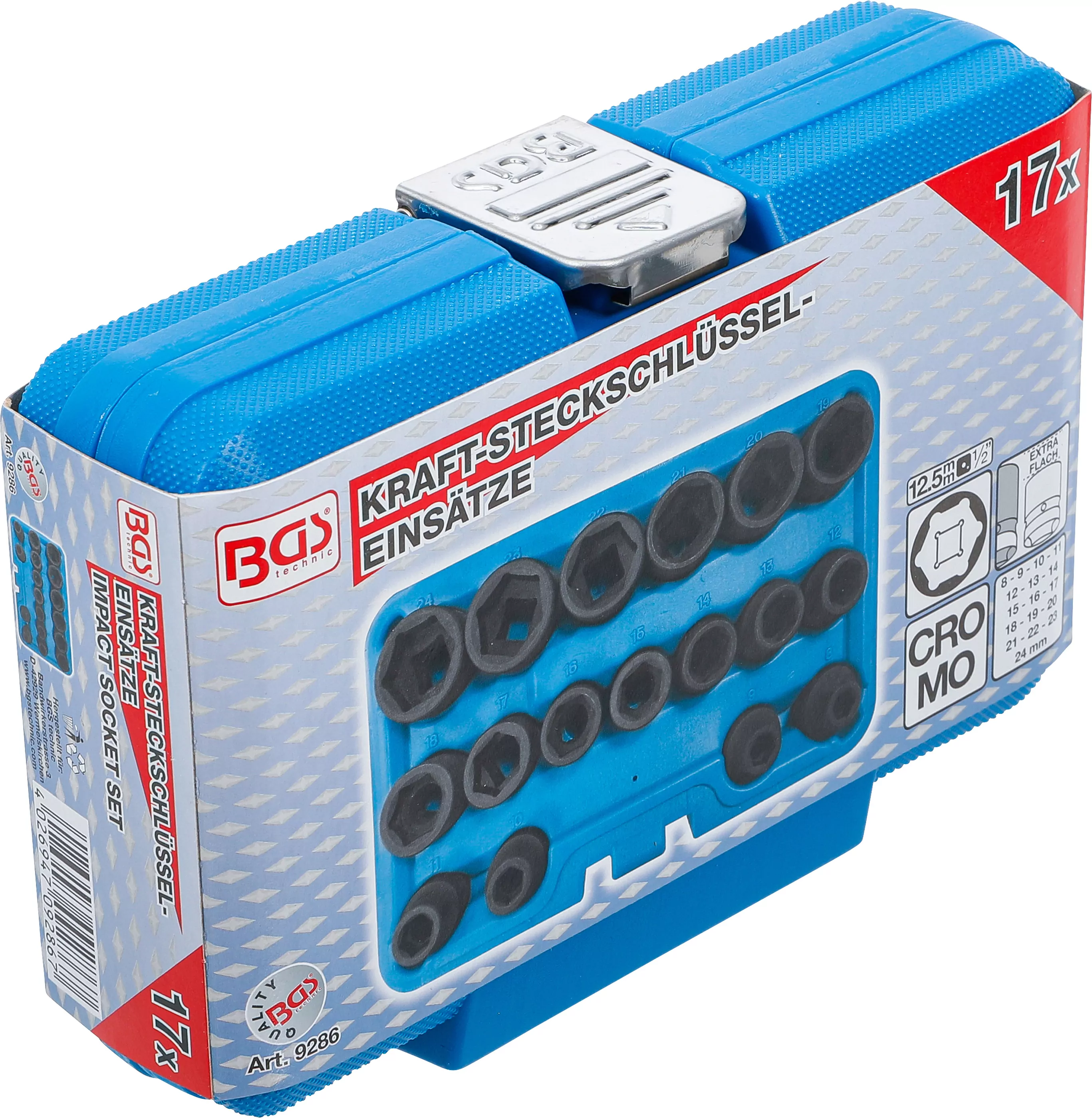 Kraft-Steckschlüssel-Einsatz-Satz Sechskant, extra flach | Antrieb Innenvierkant 12,5 mm (1/2") | SW 8 - 24 mm | 17-tlg.