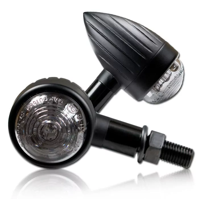 Led-blinker "new Bullet", Alu-mattschwarz,m10x25mm Lang, Grooved, Getönt, Ø 38 L 72mm, E-geprüft