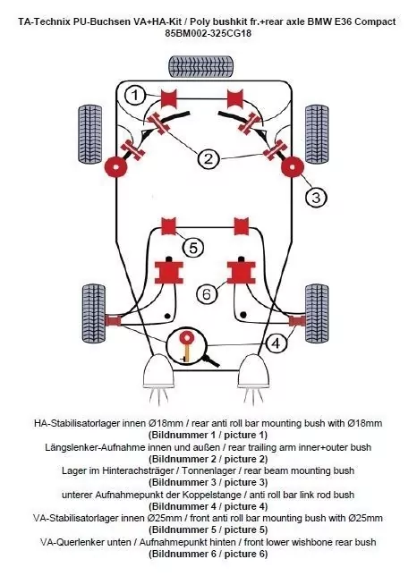 TA Technix PU-Buchsen Kit 32-teilig / Vorderachse+Hinterachse / Vorderachse mit Ø 25mm Stabi / Hinterachse mit Ø 18mm Stabi / passend für BMW 3er Serie E36 Compact