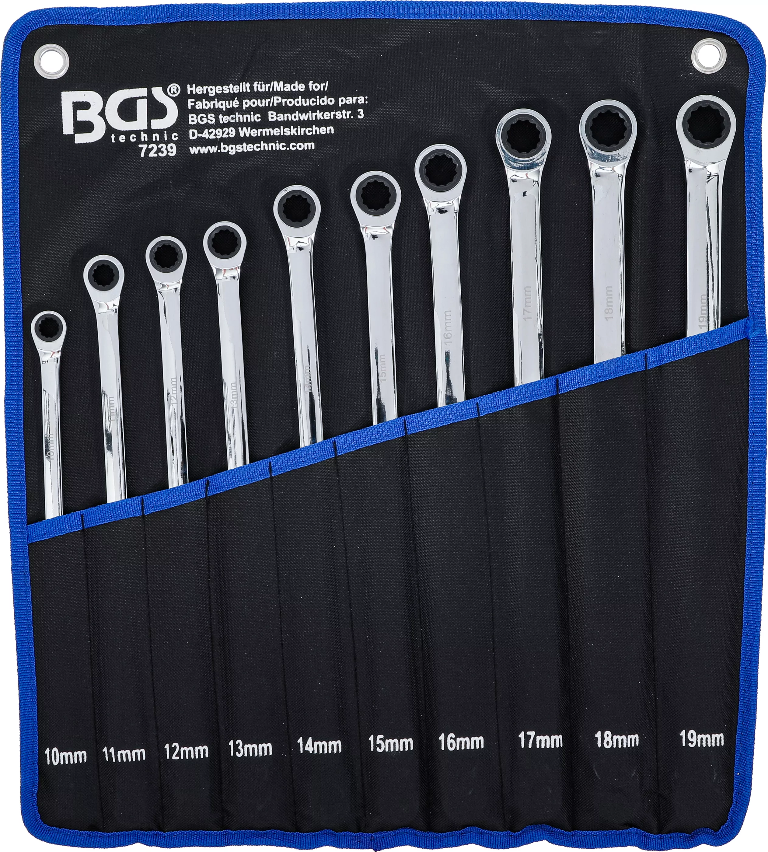 Ratschenring- und Ringschlüssel-Satz | extra lang | SW 10 - 19 mm | 10-tlg.