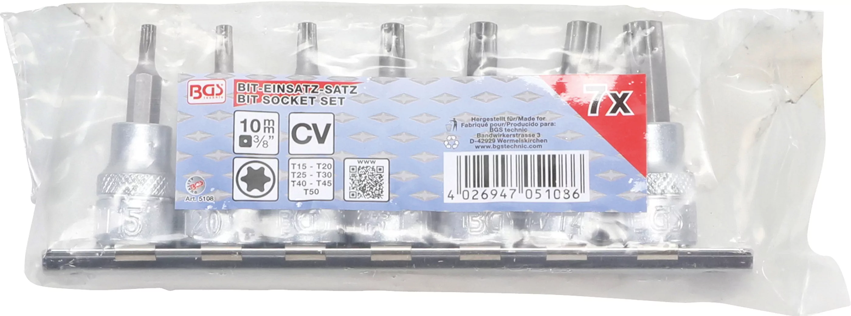 Bit-Einsatz-Satz | Antrieb Innenvierkant 10 mm (3/8") | T-Profil (für Torx) T15 - T50 | 7-tlg.