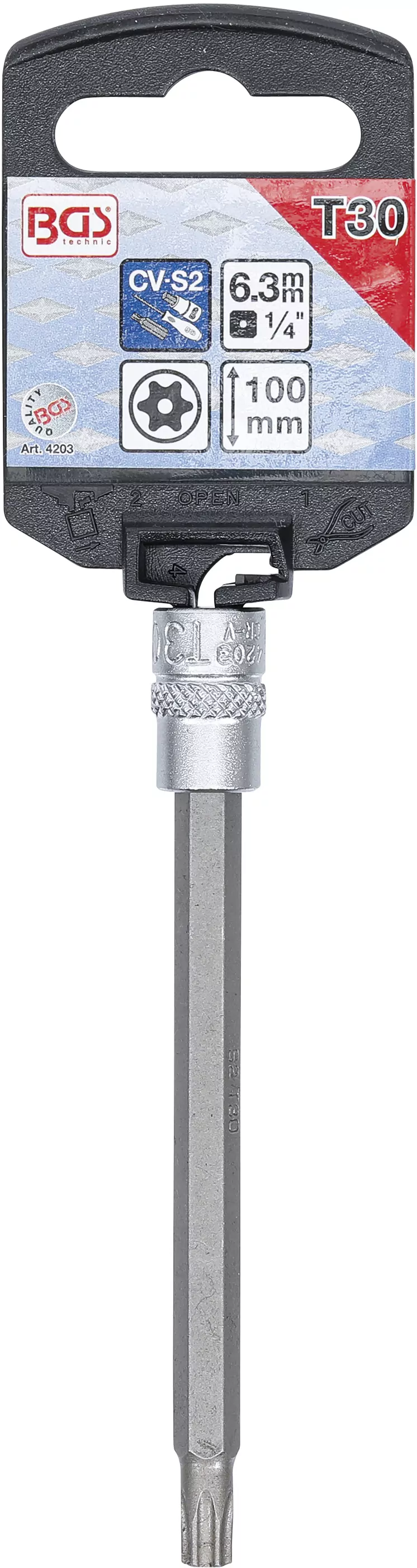 Bit-Einsatz | Länge 100 mm | Antrieb Innenvierkant 6,3 mm (1/4") | T-Profil (für Torx) mit Bohrung T30