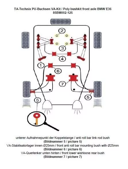 TA Technix PU-Buchsen Kit 12-teilig / Vorderachse mit Ø 25mm Stabi / passend für BMW 3er Serie E36 Compact / 3er Serie E36 / Z3 Roadster/Coupe